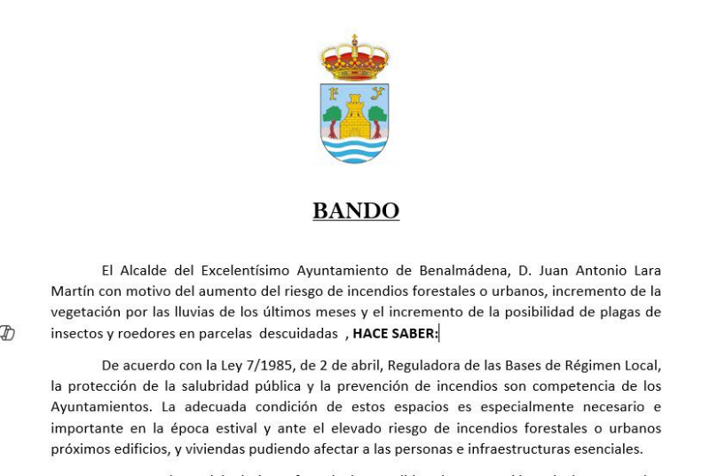 El alcalde firma un bando para que las parcelas y terrenos sin urbanizar cumplan las medidas de prevención de incendios