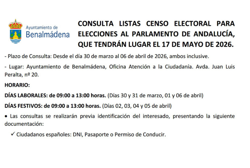El Ayuntamiento de Benalmádena informa de la apertura del periodo de consultas del censo electoral para las Elecciones al Parlamento de Andalucía del 17 de mayo de 2026
