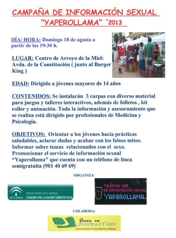 La campaña de información sexual 'YAPEROLLAMA' llega al centro de Arroyo de la Miel el próximo domingo