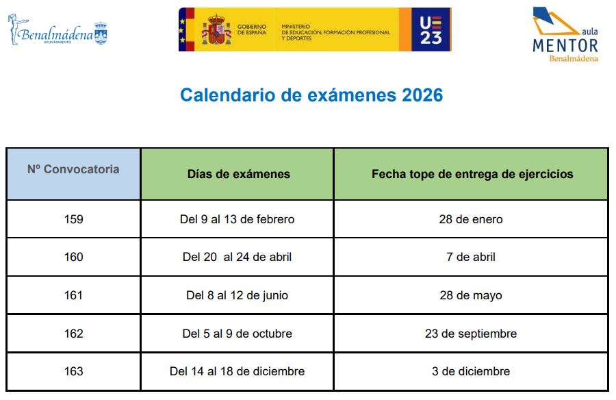 Calendario Ex&aacute;menes Aula Mentor 2026